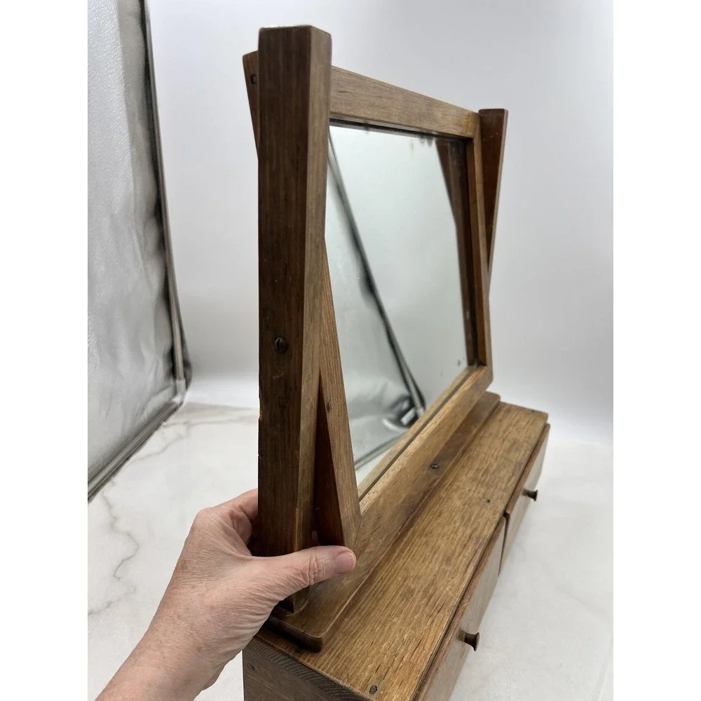 Antique Wood Shaving Mirror Tabletop Vanity Tilting Dresser Mirror 2 Drawers